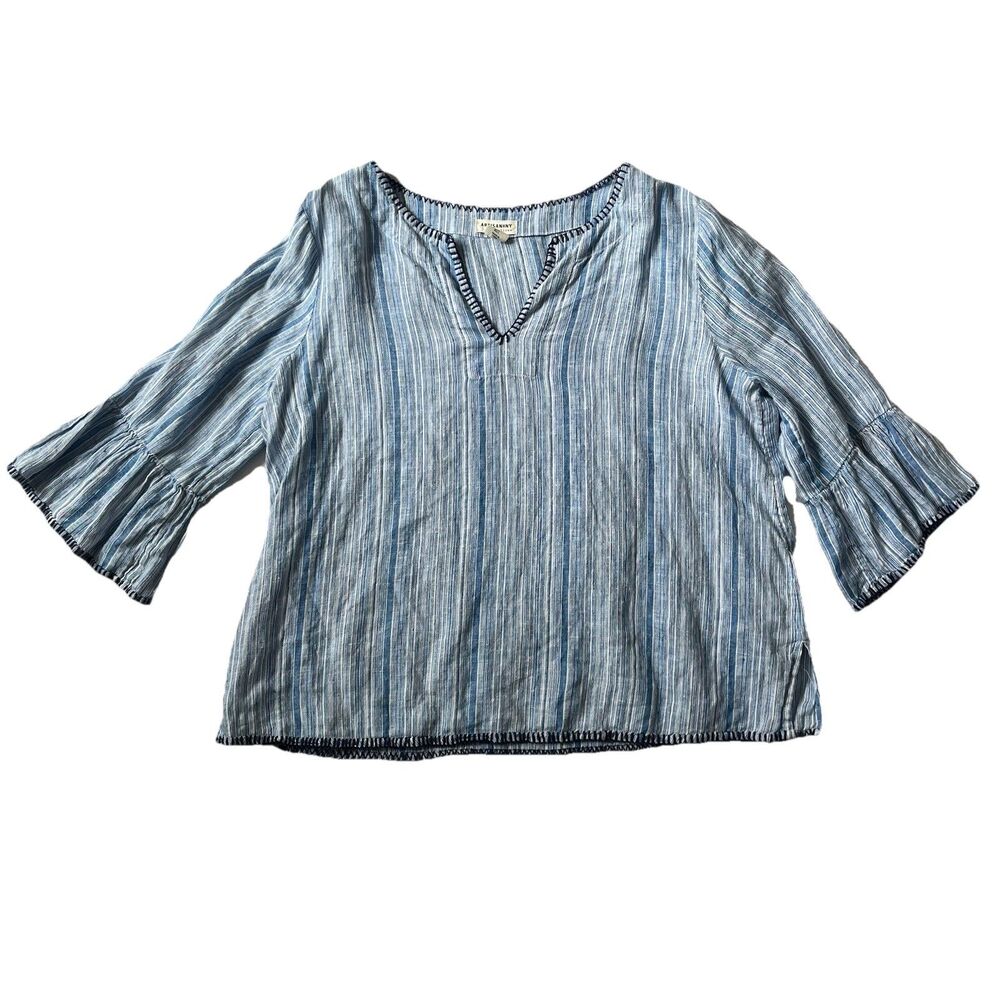 Artisan NY Striped 100% Linen Top Womens L Coastal Beachy Boho Flounce Lagenlook